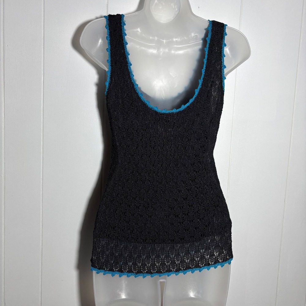 Whimsigoth Black Cyan Blue Trim Crochet Tank‎ Top XL Scoop Festival Boho Indie - Picture 3 of 11